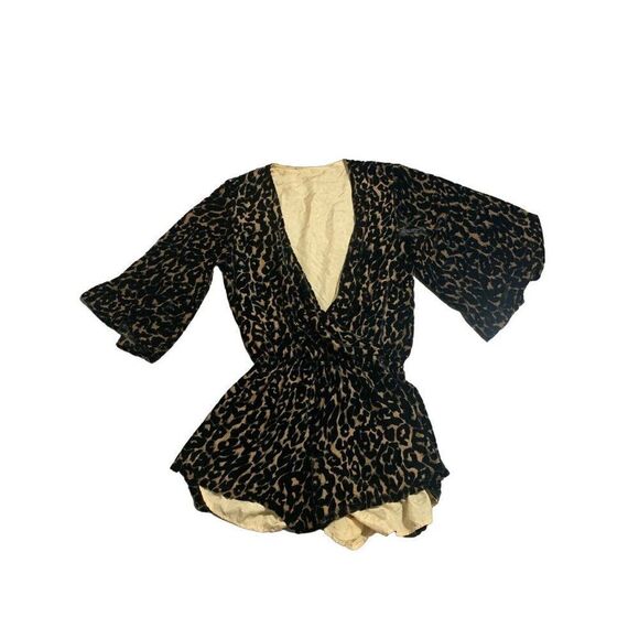 womens black brown leopard print 100% silk Velvet v neck plunge jumpsuit small - Picture 1 of 4